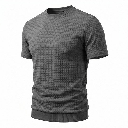 Herren nan kurzärmeliges Strickshirt mit geprägter Karostruktur, Rundhalsausschnitt und geripptem Saum R&B