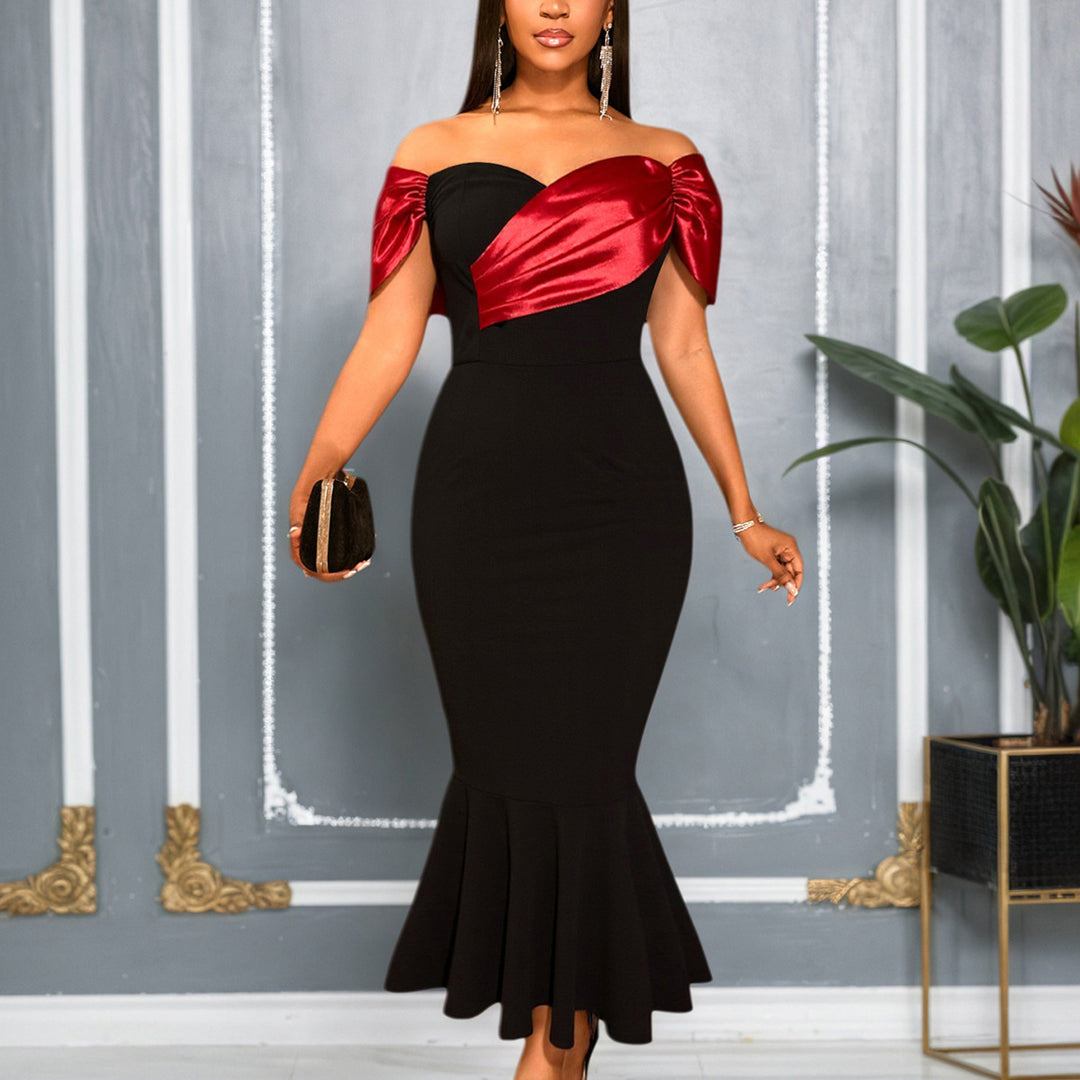 Damen elegantes schulterfreies Maxikleid mit voluminösen Rüschen R&B