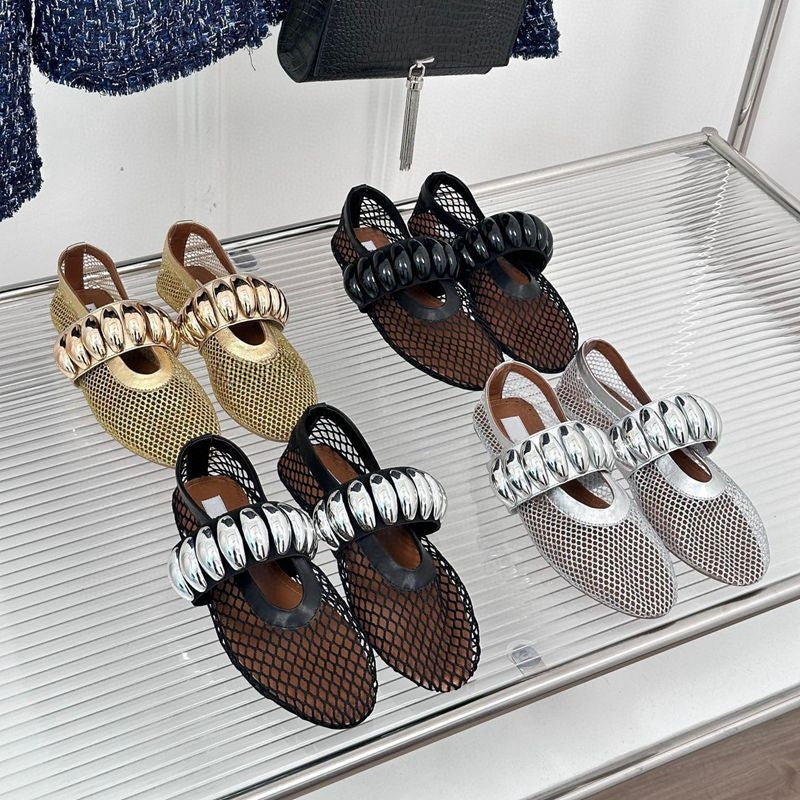 Damen Ballerinas mit glitzerndem Riemen und luftiger Netzoberfläche R&B