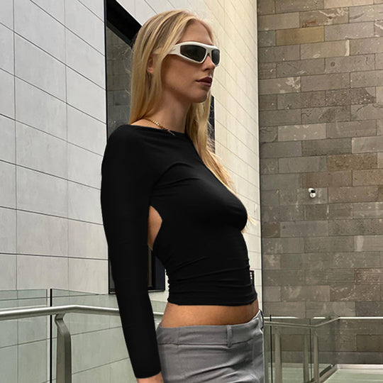 Damen figurbetontes Longsleeve-Oberteil mit offenem Rücken und elegantem Design R&B
