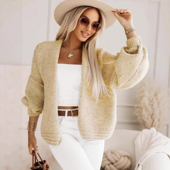 Damen stylische Strickjacke mit voluminösen Ärmeln und offenem Schnitt R&B