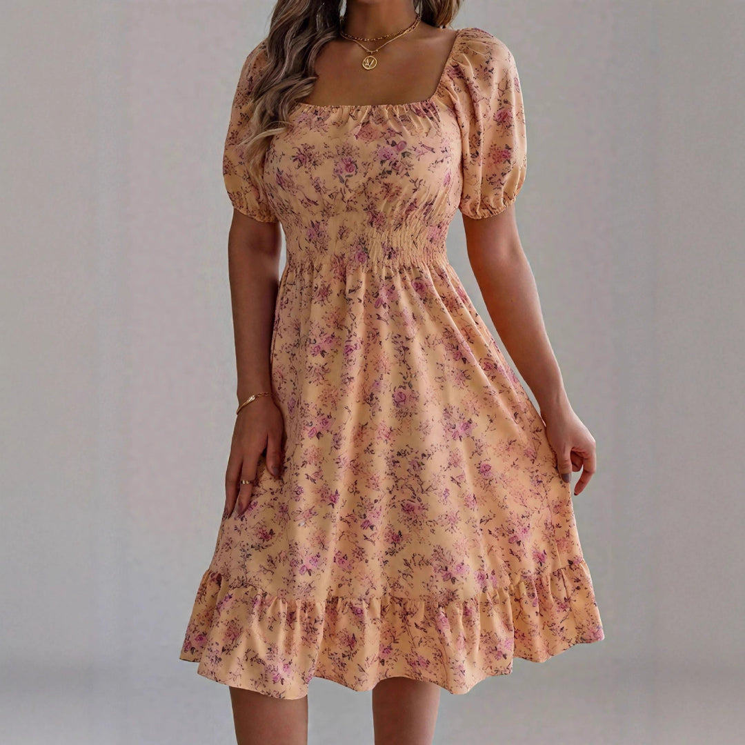 Damen sommerliches Blumenkleid mit Puffärmeln und Rüschensaum R&B