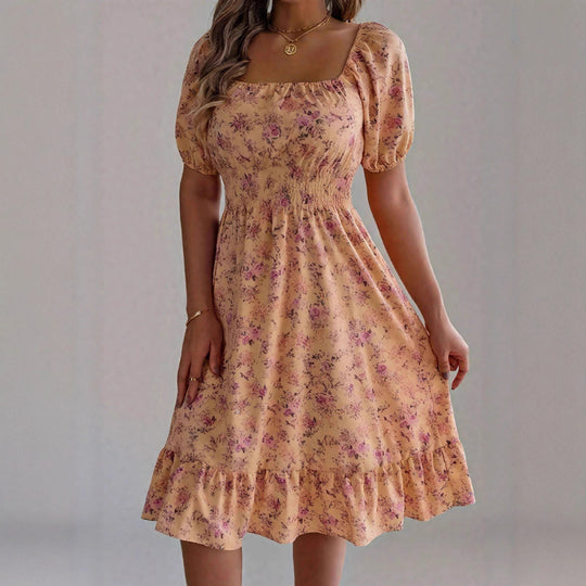 Damen sommerliches Blumenkleid mit Puffärmeln und Rüschensaum R&B