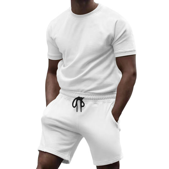 Herren nan kurzärmeliges Sweat-Set aus weichem Sweatstoff mit Rundhalsshirt und Kordelzug-Shorts R&B