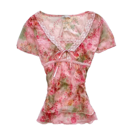 Damen florales Chiffon-Oberteil mit Spitzenakzenten R&B