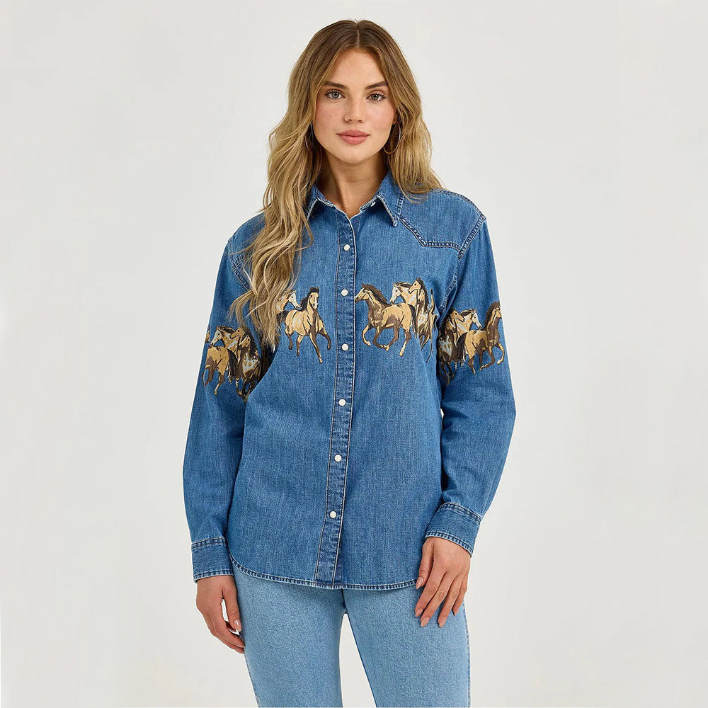 Damen Jeanshemd mit kreativem Pferdemotiv und hochwertiger Baumwollmischung R&B