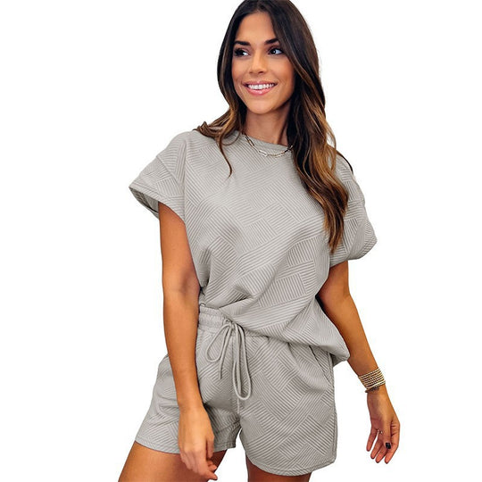 Damen gemütliches Freizeit-Set mit strukturiertem Oberteil und Shorts R&B