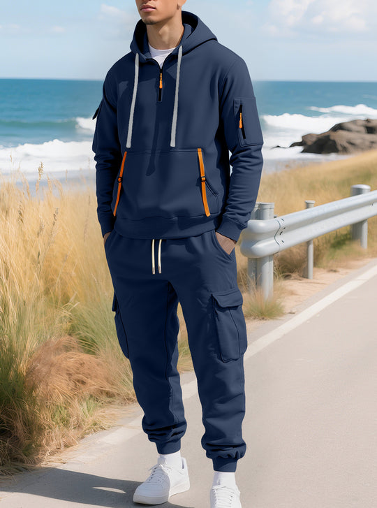 Herren nan lässiger Halbzip Hoodie mit Kängurutasche und Cargo Jogginghose mit Reißverschlussdetails R&B