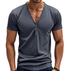 Herren Kurzarm Henley-T-Shirt mit modischem V-Ausschnitt und dekorativen Knöpfen R&B