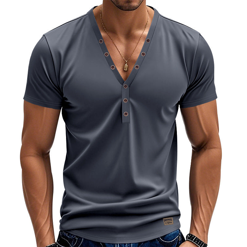 Herren Kurzarm Henley-T-Shirt mit modischem V-Ausschnitt und dekorativen Knöpfen R&B