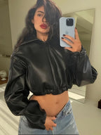 Damen Modische cropped Kunstlederjacke R&B