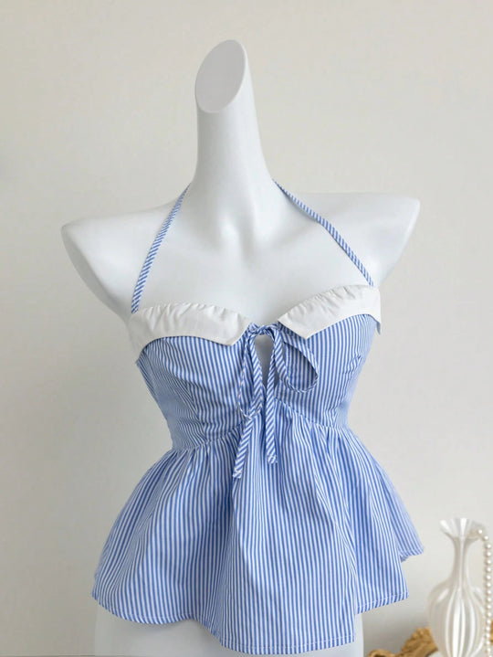 Damen verspieltes Oberteil mit gestreiftem Design und schicker Schleifenbindung R&B