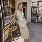 Damen Elegantes Maxi-Kleid mit filigranem Goldmuster und V-Ausschnitt EB