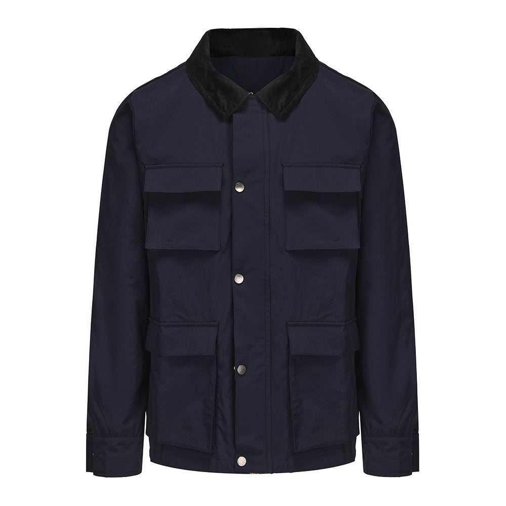 Herren modische Utility-Jacke mit mehreren praktischen Taschen und Kunstfellkragen R&B