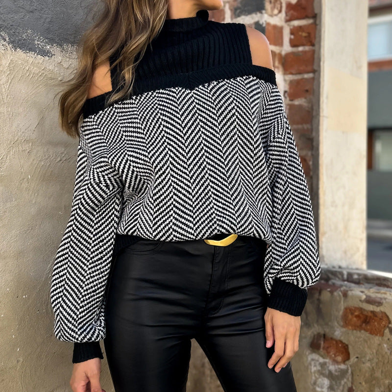 Damen Grobstrickpullover mit schulterfreien Ärmeln und modernem Zickzack-Muster R&B