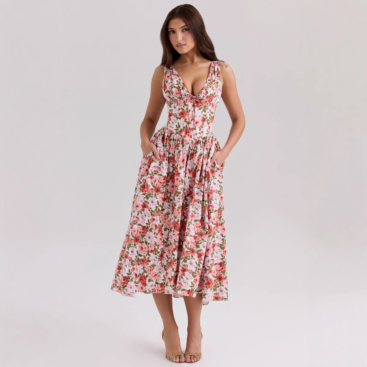 Damen Maxikleid mit floralem Design und praktischen Taschen R&B