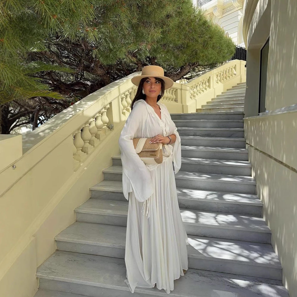 Damen Maxi-Kleid mit elegantem Rüschendesign und tiefem V-Ausschnitt R&B