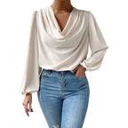 Damen elegante Bluse mit asymmetrischem Halsansatz und langen Ärmeln R&B