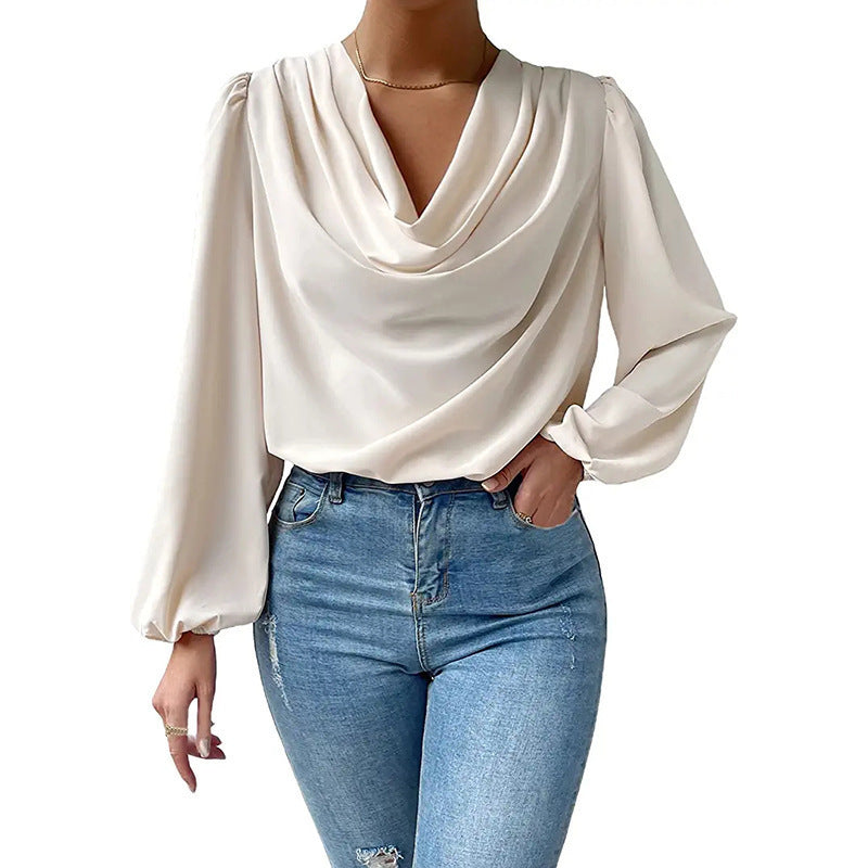 Damen elegante Bluse mit asymmetrischem Halsansatz und langen Ärmeln R&B