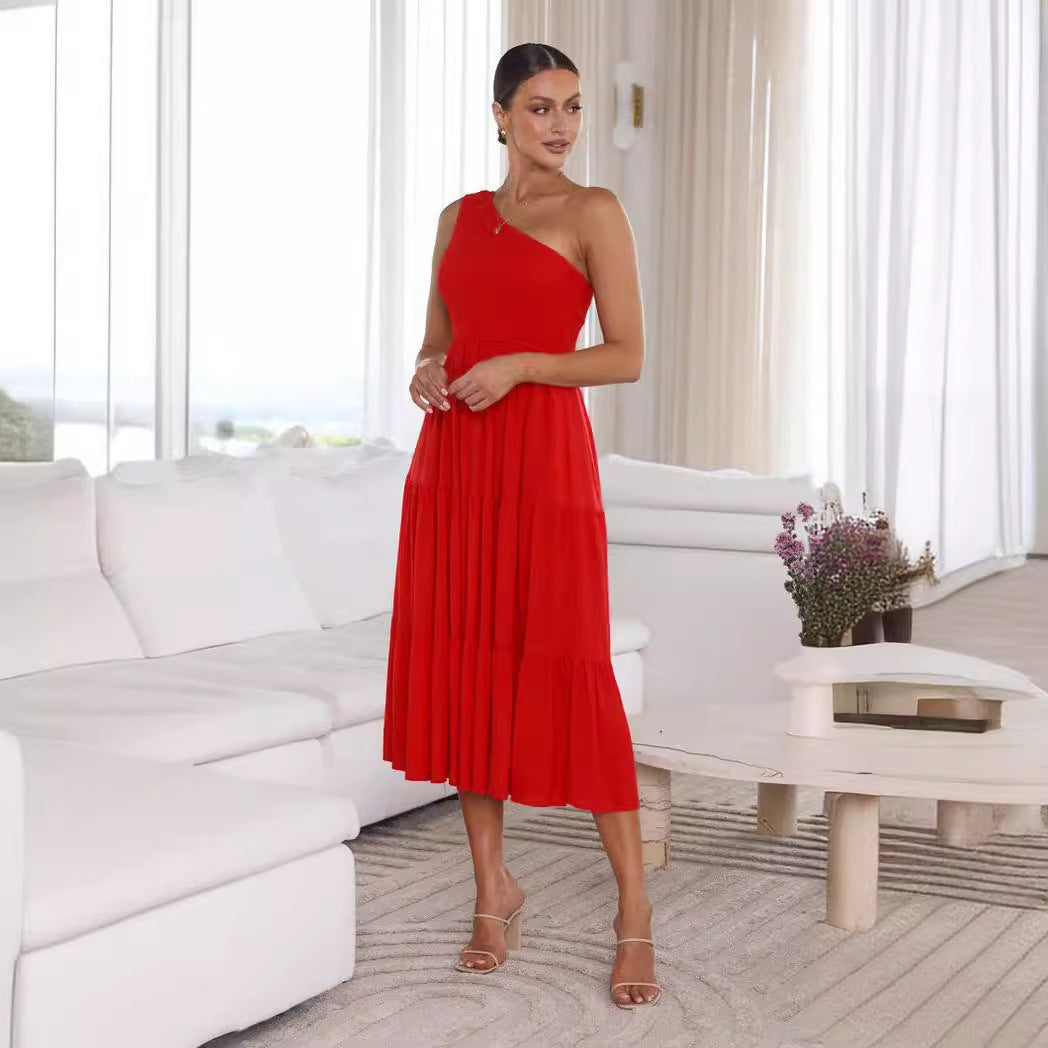 Damen Elegantes One-Shoulder-Maxikleid mit fließendem Rock R&B