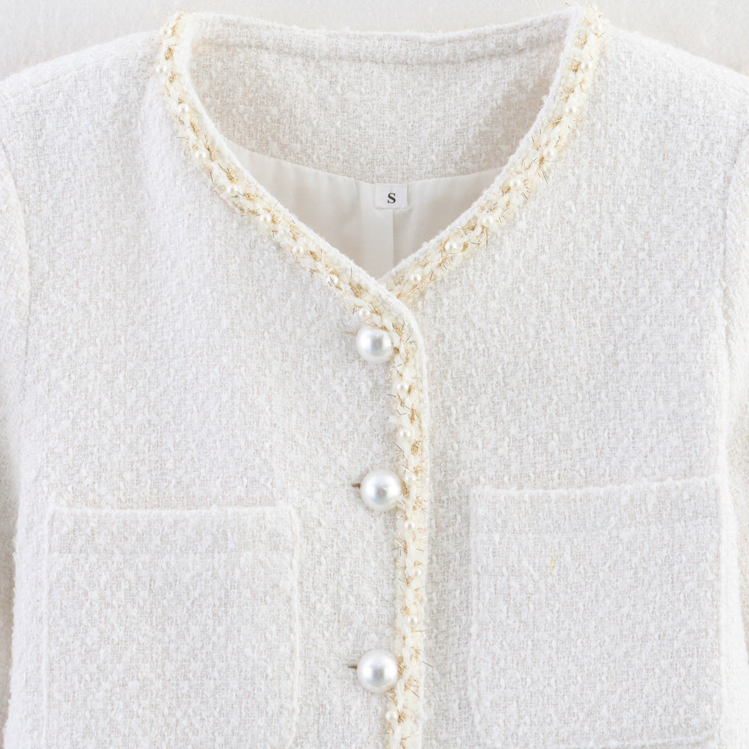 Damen modische Bouclé-Jacke mit eleganten Taschen und perlverzierten Knöpfen R&B