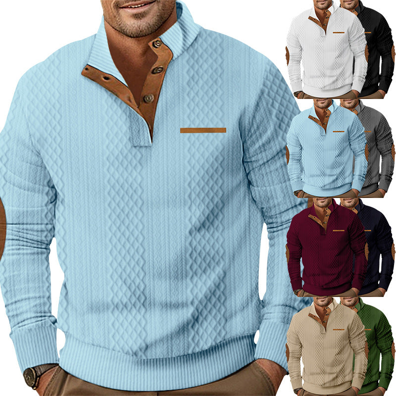 Herren nan strukturierter Strickpullover mit Stehkragen, Knopfleiste und Ellenbogenpatches R&B