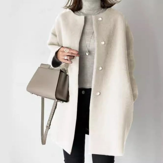 Damen Eleganter Oversized Wollmantel mit Doppelknopf-Verschluss und seitlichen Taschen R&B