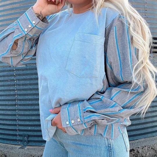 Damen nan Langarmshirt im Lagenlook mit Brusttasche und gestreiften Hemdärmeln R&B