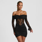 Damen elegantes Spitzenkleid mit Off-Shoulder-Ausschnitt und Raffungen R&B