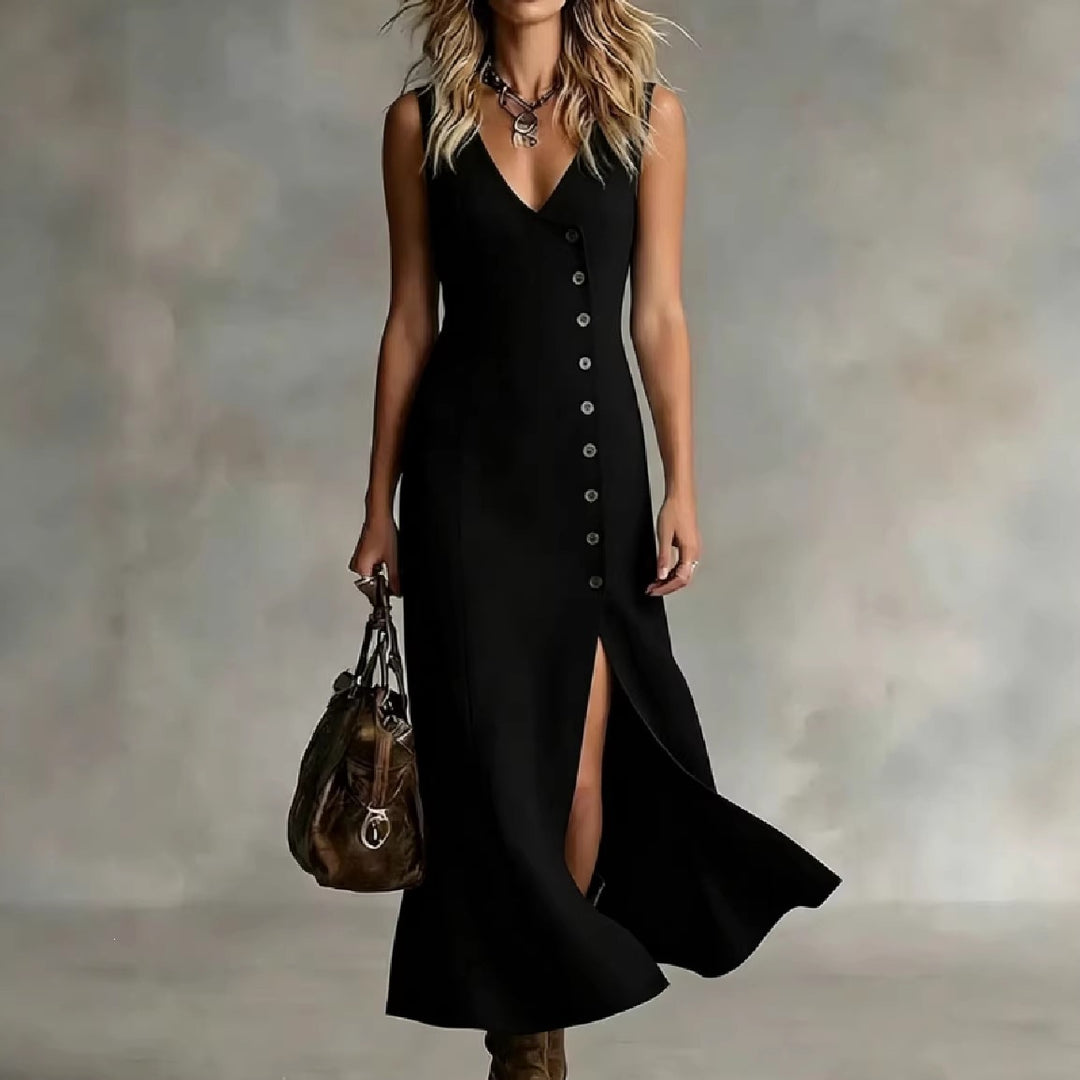Damen Maxikleid mit elegantem V-Ausschnitt und seitlichem Schlitz R&B
