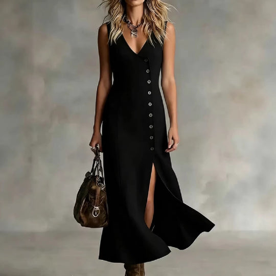 Damen Maxikleid mit elegantem V-Ausschnitt und seitlichem Schlitz R&B