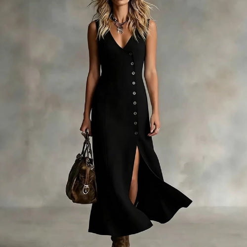 Damen Maxikleid mit elegantem V-Ausschnitt und seitlichem Schlitz R&B