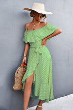 Damen Off-Shoulder Maxikleid mit Rüschendetails und seitlichem Schlitz R&B