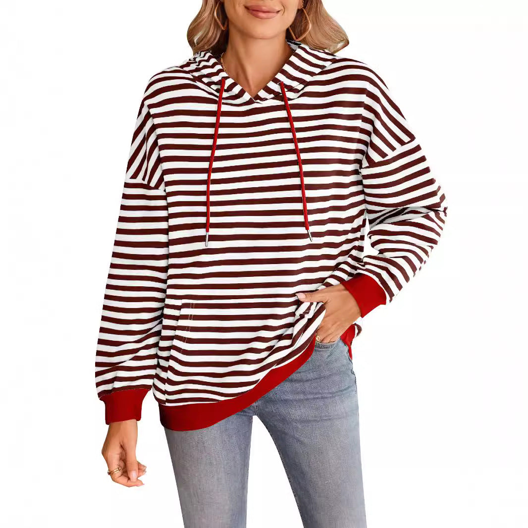 Damen gestreifter Kapuzenpullover mit stylischer Kängurutasche R&B
