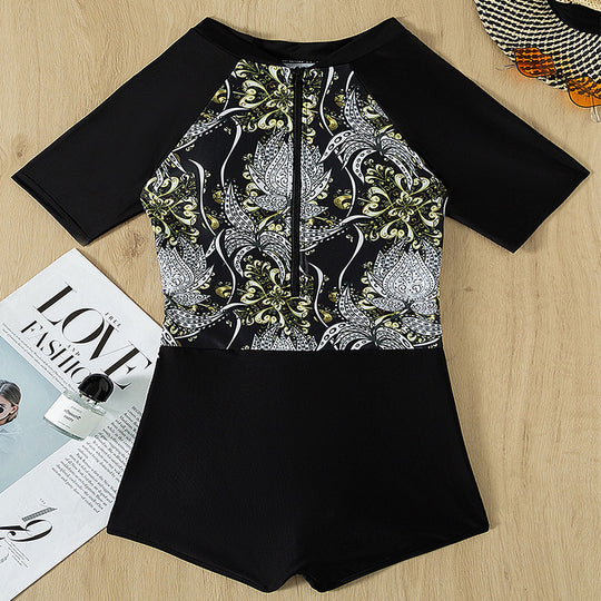 Damen Rashguard Badeanzug mit floralem Muster und kurzen Ärmeln R&B