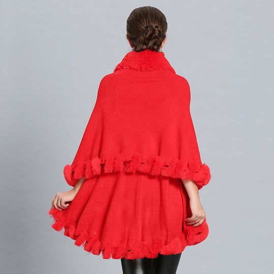 Damen Kapuzenponcho mit luxuriösem Fellkragen und eleganter Umrandung R&B