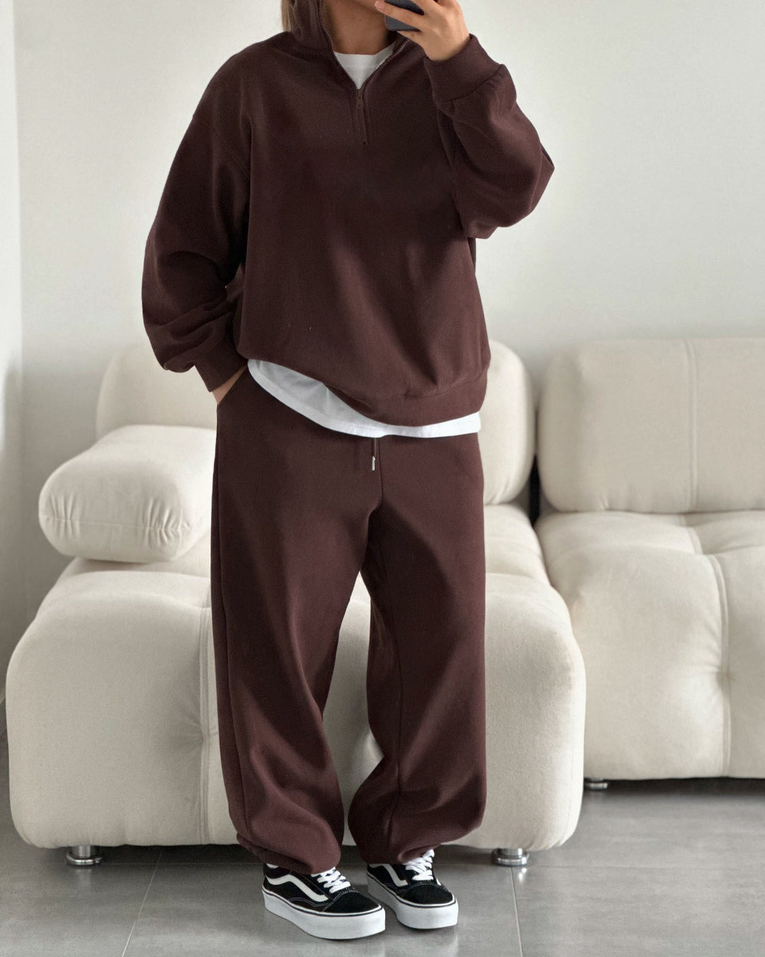 Damen gemütliches Fleece-Loungewear-Set mit Stehkragen und Reißverschluss R&B