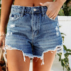 Damen Hochtaillierte Destroyed Denim-Shorts mit fransigen Säumen R&B