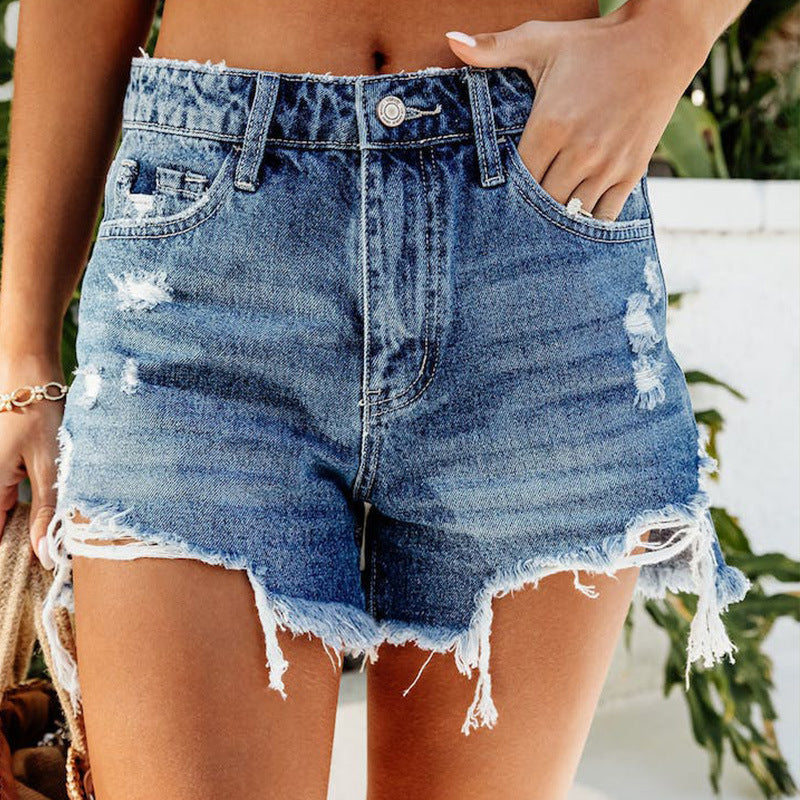 Damen Hochtaillierte Destroyed Denim-Shorts mit fransigen Säumen R&B