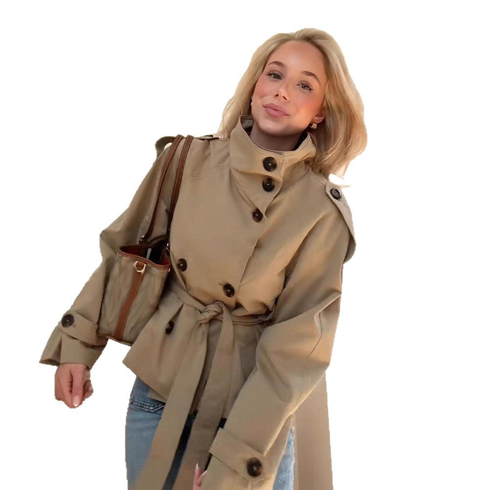 Damen stylische Übergangsjacke mit hohem Kragen und Taillengürtel R&B
