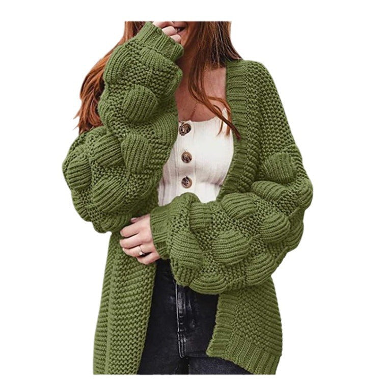 Damen Grobstrick-Cardigan mit voluminösen Puffärmeln und elegantem V-Ausschnitt R&B