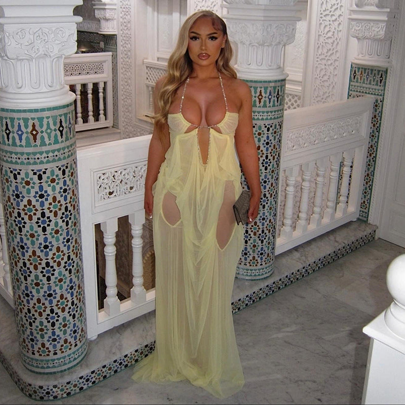 Damen Glamouröses Maxi-Kleid mit transparentem Design und geschmückten Ausschnitten R&B
