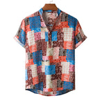 Herren Kurzarmhemd im bunten Patchwork-Design mit Henley-Ausschnitt