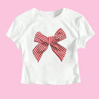 Damen Crop-T-Shirt mit verspieltem Karoband-Motiv und lässigem Schnitt R&B