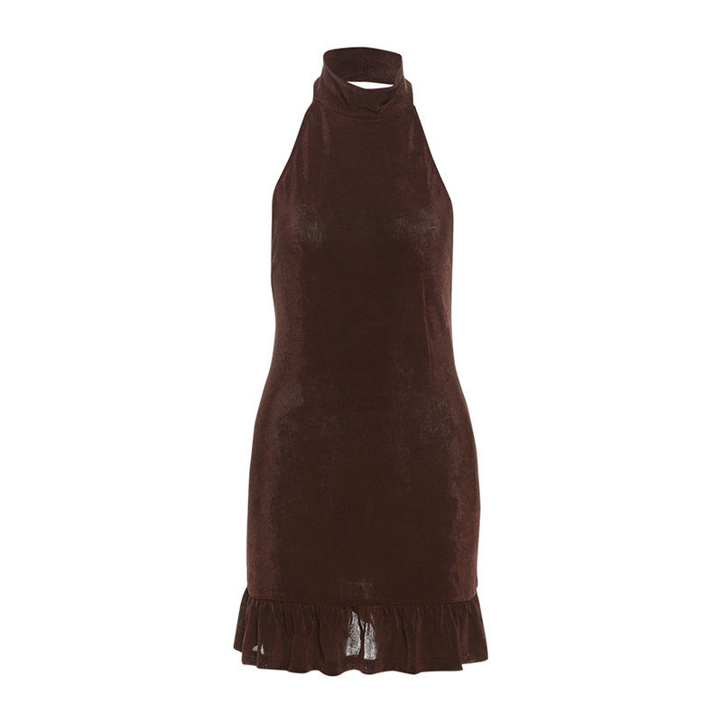 Damen Kleid mit hohem Kragen und Rüschenabschluss R&B