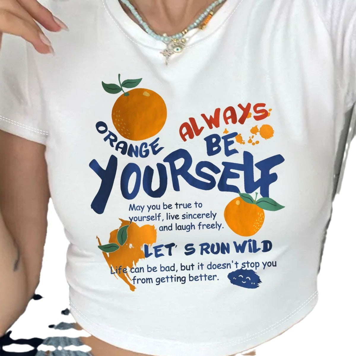 Damen Crop-T-Shirt mit inspirierendem Schriftzug und fröhlichem Obstmotiv R&B