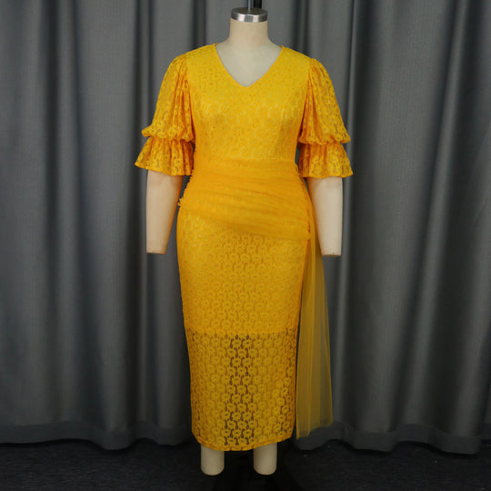 Damen elegantes Spitzenteil Kleid mit voluminösen Rüschensäumen R&B