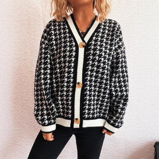 Damen lässiger Strickcardigan mit modischem Hahnentritt-Muster und Holzknöpfen R&B