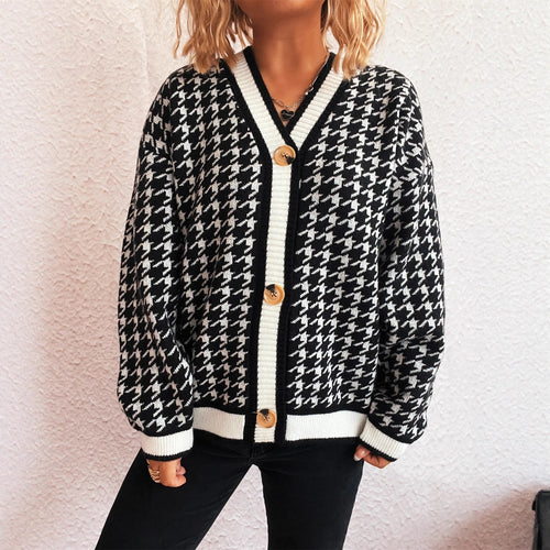 Damen lässiger Strickcardigan mit modischem Hahnentritt-Muster und Holzknöpfen R&B