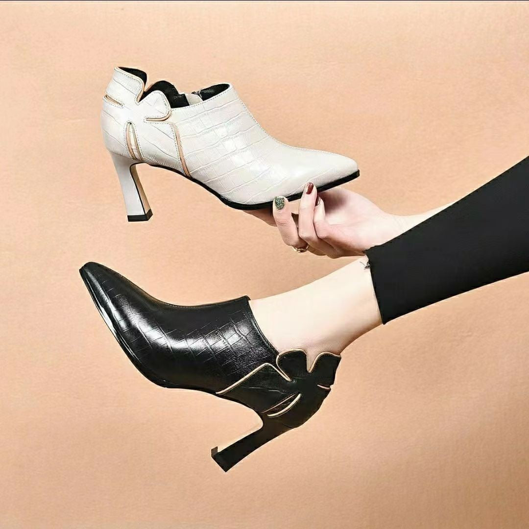 Damen elegante Absatzstiefel mit modischem Krokodil-Leder-Look und stilvollem Schnitt R&B